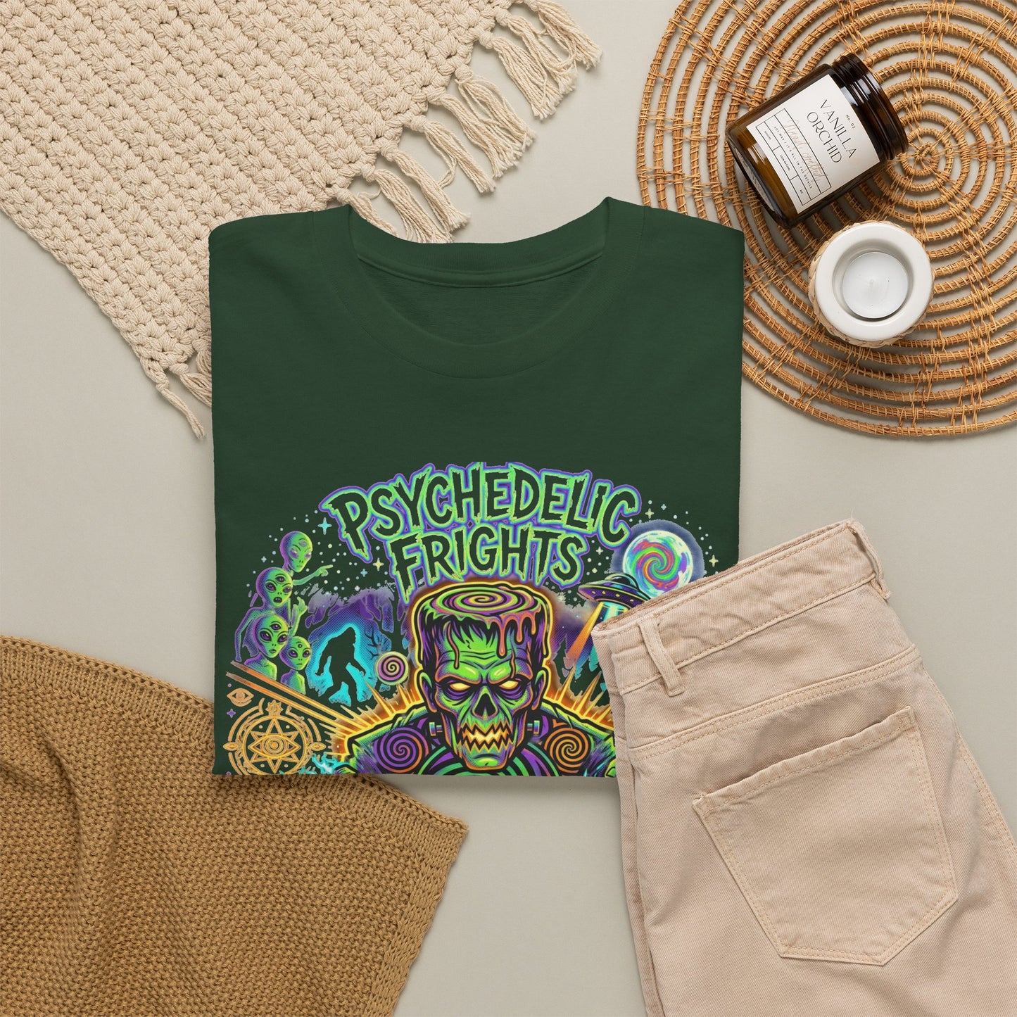 Psychedelic Monsters Halloween Tee — Spooky Pumpkin and Sasquatch Horror Graphic T-Shirt