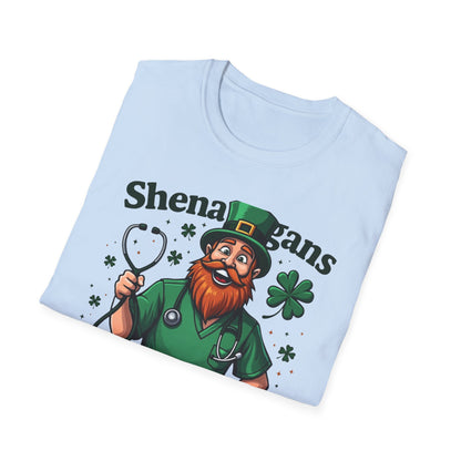 St. Patrick's Day T-Shirt — "Shenanigans Shift Survivor" Leprechaun Work Tee