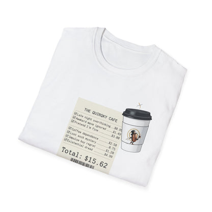 Coffee Receipt T-Shirt — 'The Quirky Cafe' Funny Coffee Order Receipt Tee