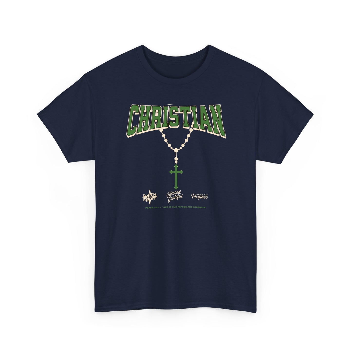Christian Graphic Tee — Green Rosary Cross Shirt