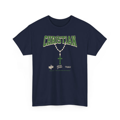 Christian Graphic Tee — Green Rosary Cross Shirt