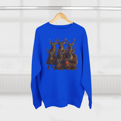 Cozy Reindeer Family Photo, Crewneck Sweatshirt — Rustic Holiday Wildlife Design