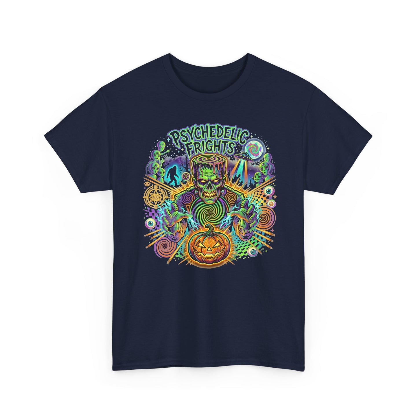 Psychedelic Monsters Halloween Tee — Spooky Pumpkin and Sasquatch Horror Graphic T-Shirt