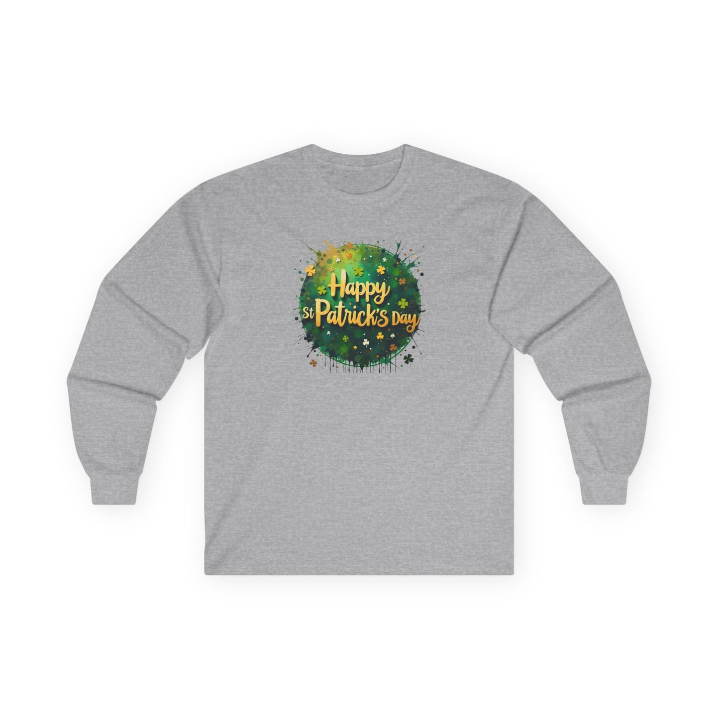 St. Patrick's Day Long Sleeve Tee - "Happy St. Patrick's Day" Green Watercolor Shamrock Design