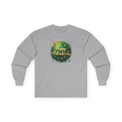 St. Patrick's Day Long Sleeve Tee - "Happy St. Patrick's Day" Green Watercolor Shamrock Design