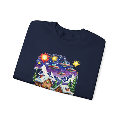 Crewneck Sweatshirt — Cozy Winter Cabin with UFO Nightscape