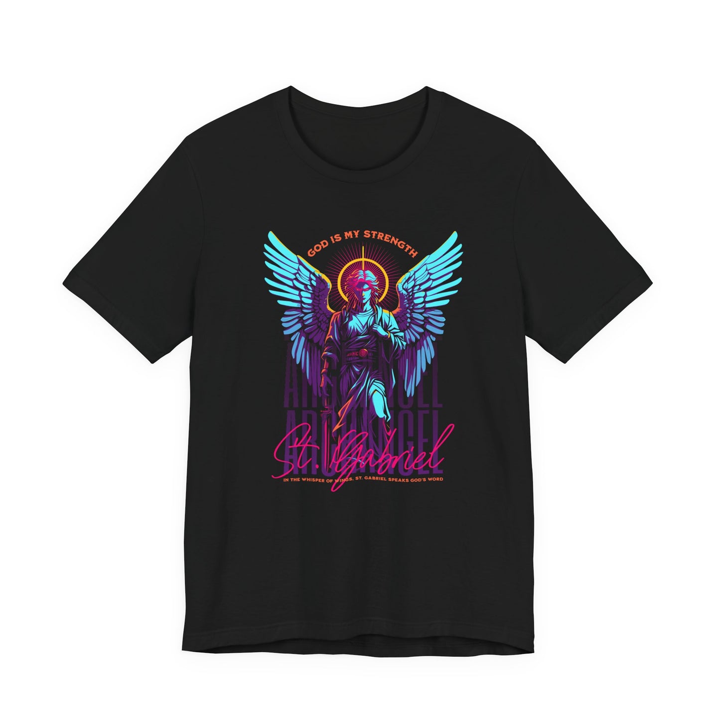 St. Gabriel Angel Tee — "God Is My Strength" Neon Graphic T-Shirt