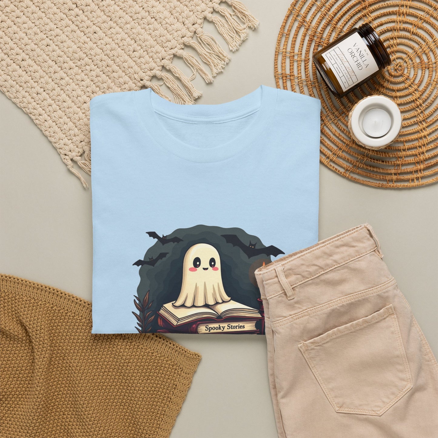 Ghost Reader T-Shirt — Cute Ghost on Stacked Books Halloween Tee
