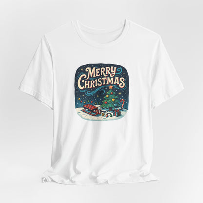 Merry Christmas Tee — Vintage Holiday Tree & Sled Graphic T-Shirt