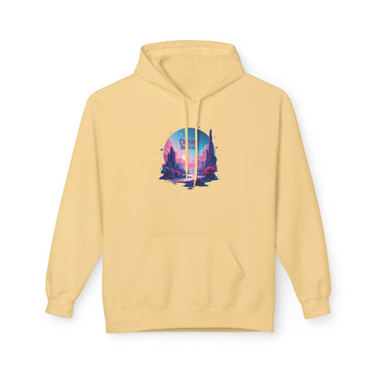 Retro Vaporwave Nature Hoodie — Neon Sunset Cityscape Graphic