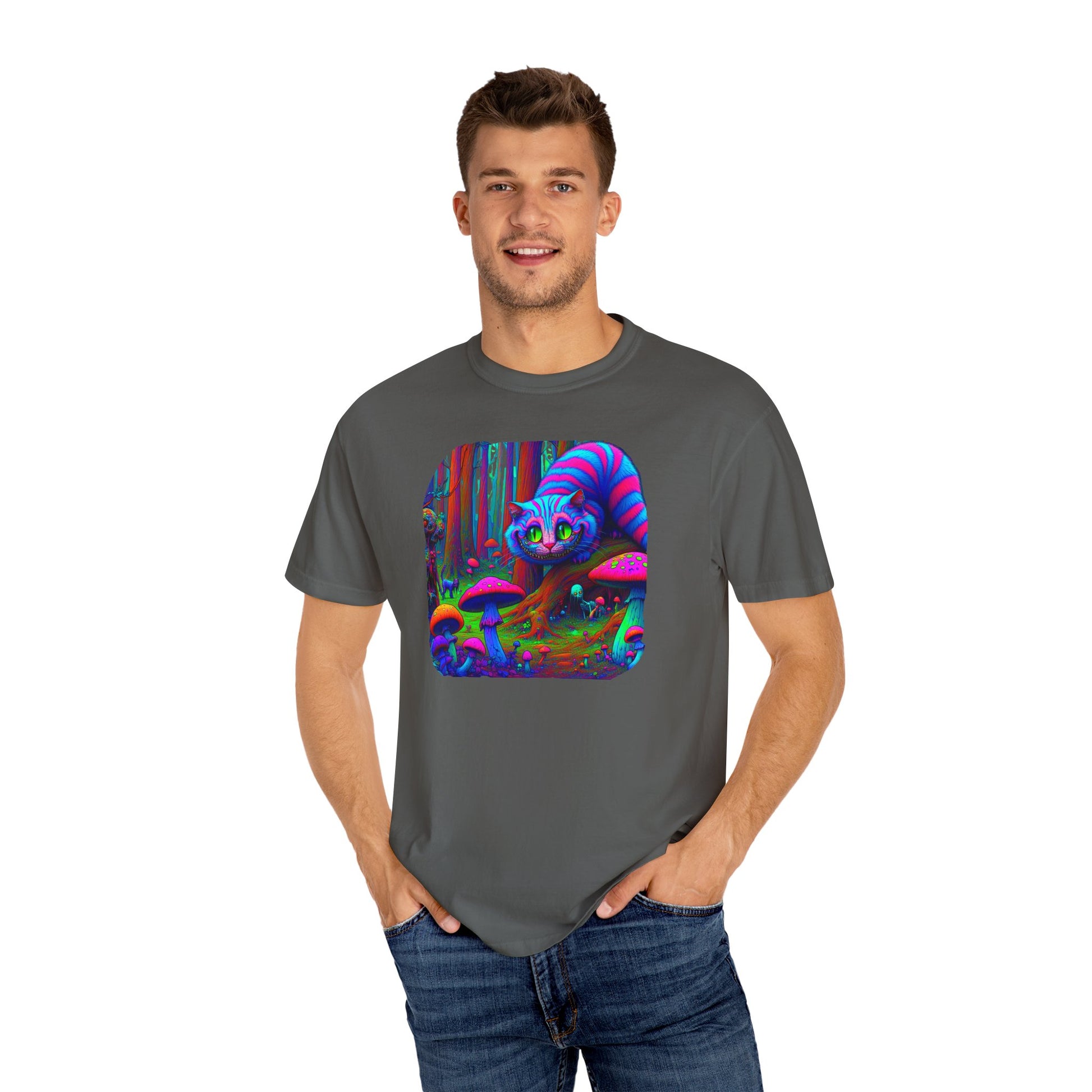 Curious Cat with mushrooms, Unisex Garment-Dyed T-shirt - Psychonaut Swag
