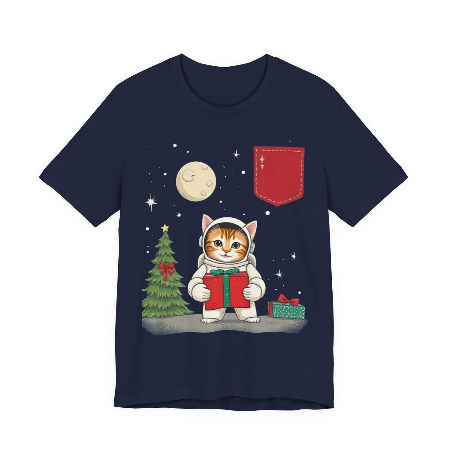 Christmas Cat Faux Pocket — Cute Holiday Cat Holding Gift Night Sky T-Shirt
