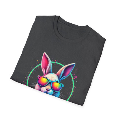 Easter Bunny Sunglasses T-Shirt — Colorful Neon Bunny with Easter Eggs