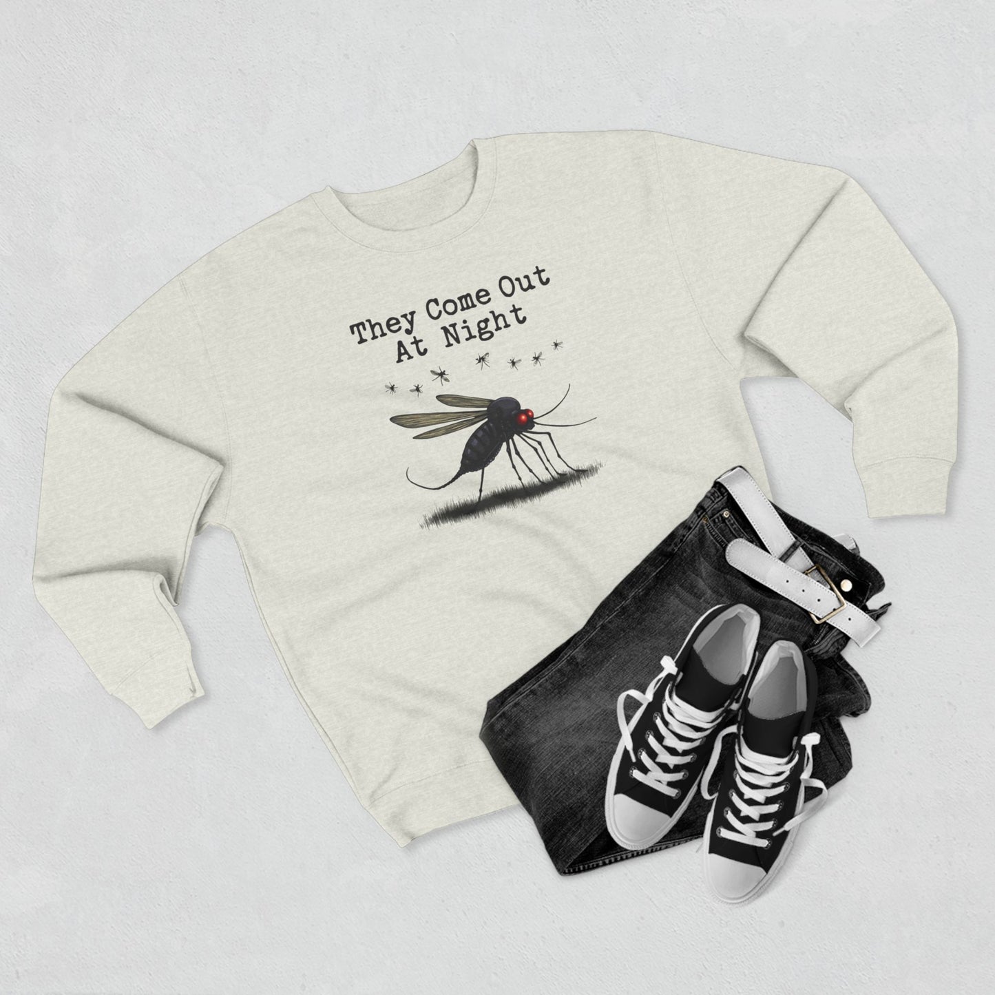 Mosquito, They come out at night, Cozy Nighttime Crewneck Sweatshirt, perfect for casual wear, gift for nature lovers, cozy evenings, Halloween, spooky season, graphic [...] - Psychonaut Swag
