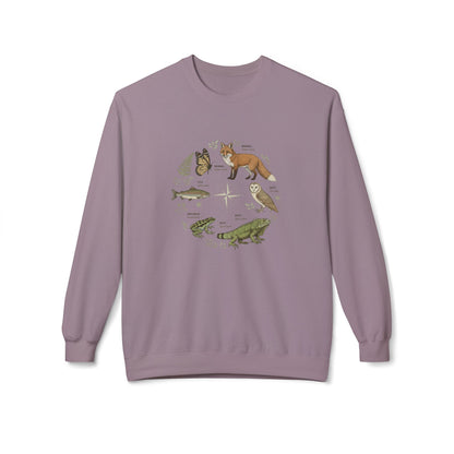 Wildlife Circle Crewneck Sweatshirt — Forest Fox, Owl & Frog Nature Illustration