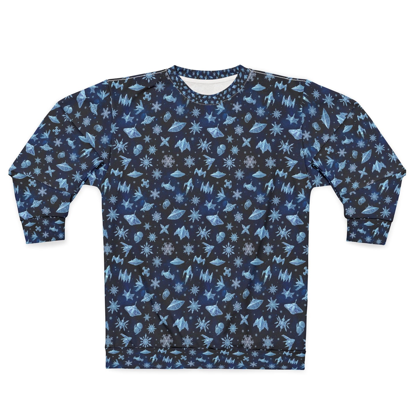 Galaxy Snowfall Ugly Sweatshirt — Blue Space Snowflake All-Over Print