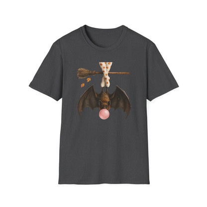 Bat and Bubblegum Unisex Softstyle T-Shirt, Halloween Top, Whimsical Graphic Tee, Cute Gift for Animal Lovers, Fall Vibes