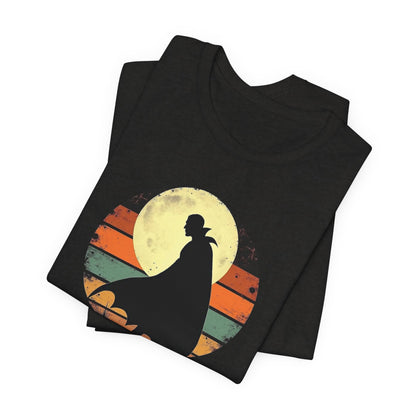 Vampire Silhouette Moon Tee — Retro Sunset Gothic Halloween T-Shirt