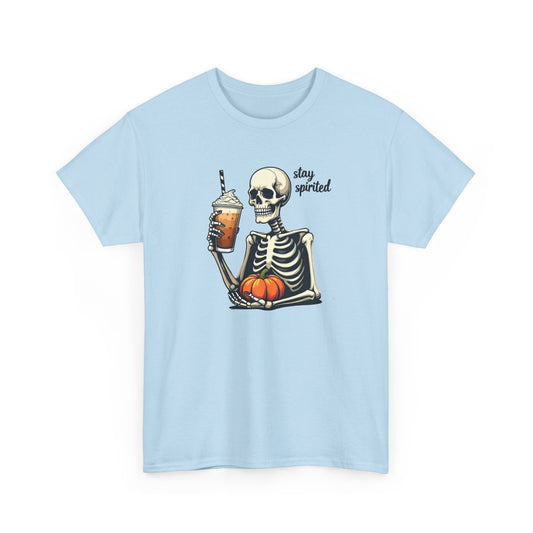 Stay Spirited Skeleton Pumpkin Tee — Halloween Coffee Shirt