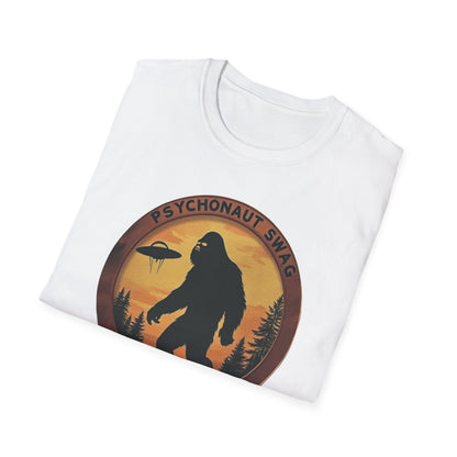 Bigfoot and UFO, Unisex Softstyle T-Shirt, Trendy Graphic Tee, Funny Bigfoot Shirt, Adventure Apparel, Gift for Nature Lovers