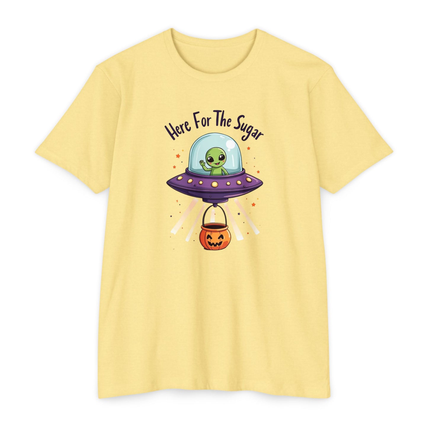 Halloween Alien T-Shirt — "Here For The Sugar" Cute UFO Trick-or-Treat Tee