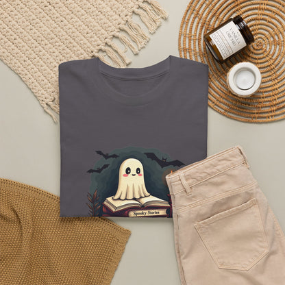 Ghost Reader T-Shirt — Cute Ghost on Stacked Books Halloween Tee