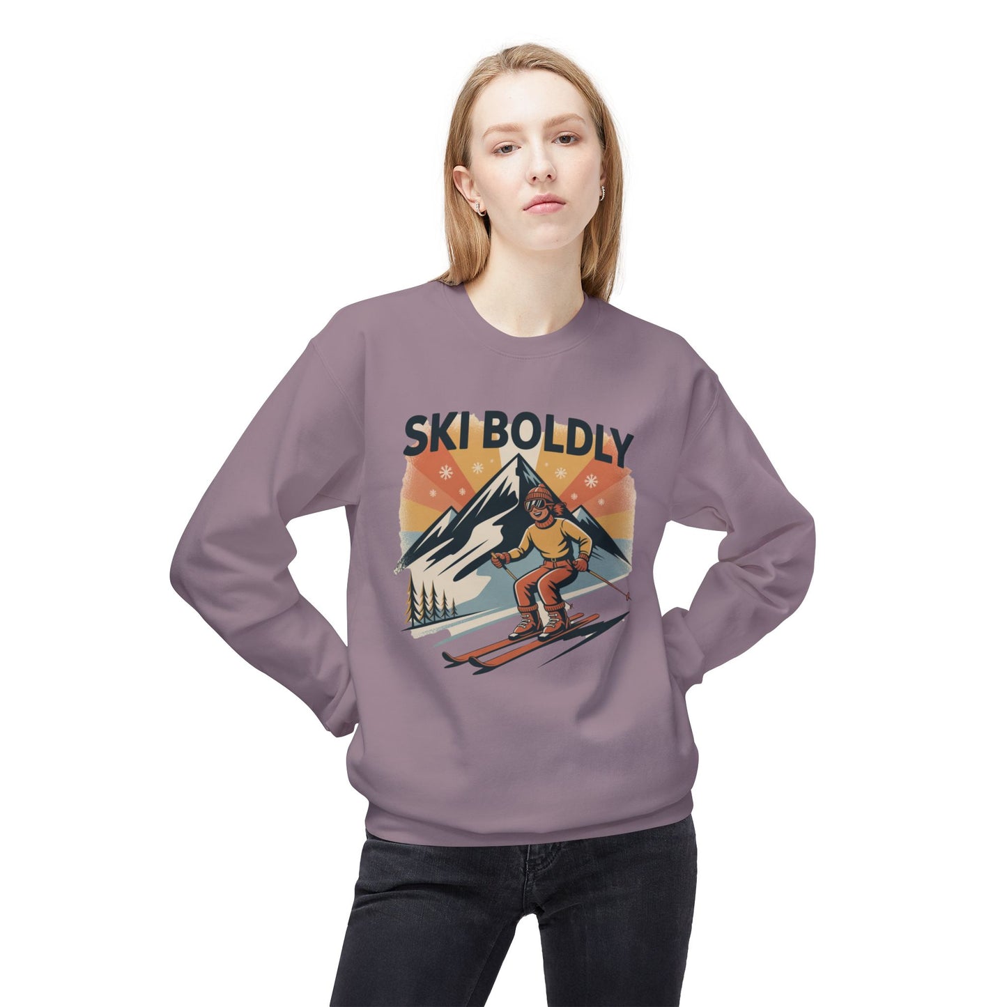Ski Boldly Crewneck Sweatshirt – Vintage Mountain Skiing Graphic