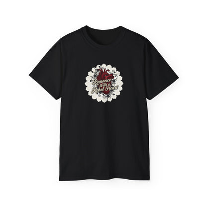 Romance with a Rebel Heart Tee — Gothic Floral Heart Graphic T-Shirt