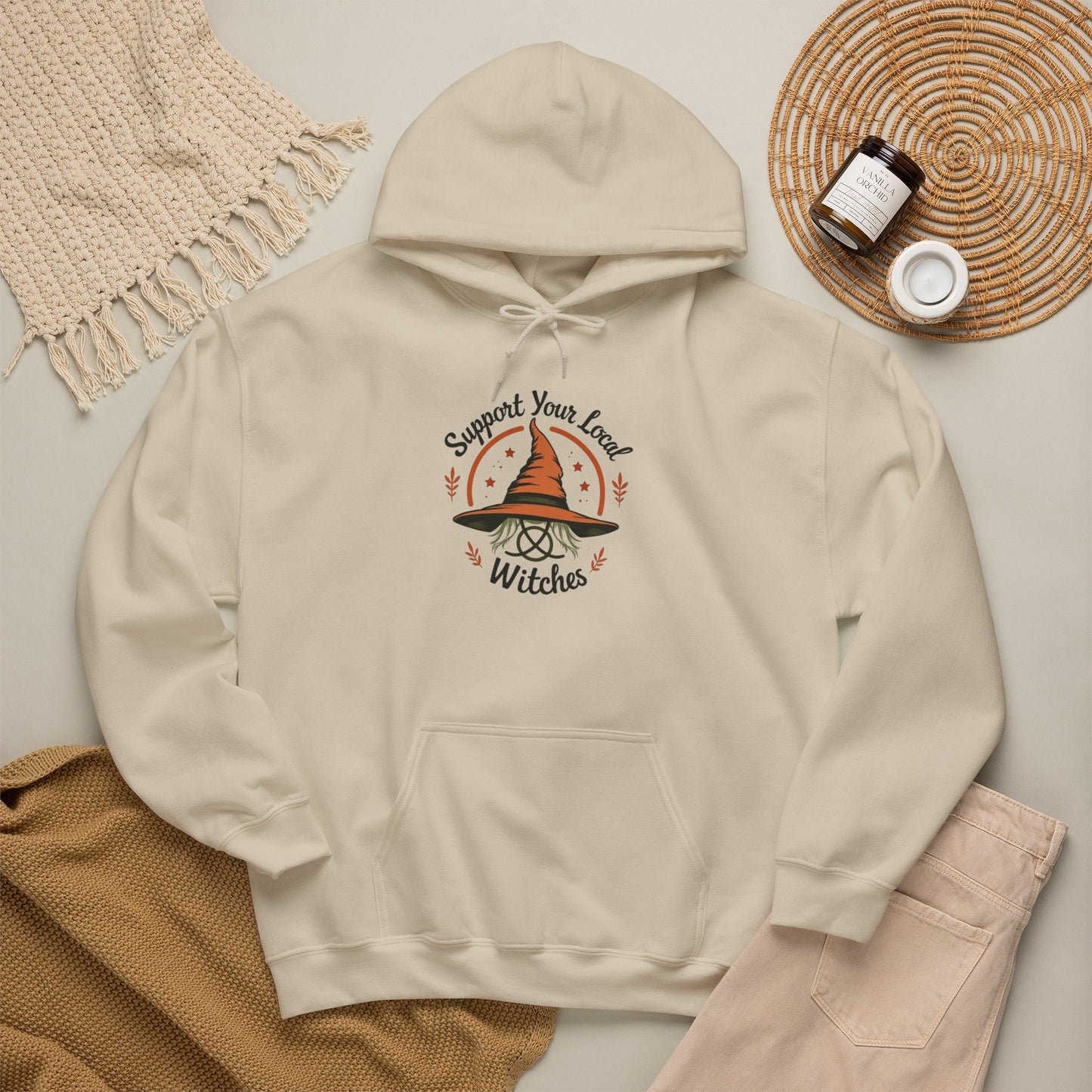 Support Your Local Witches Hoodie — Cute Witch Hat Graphic Pullover for Halloween