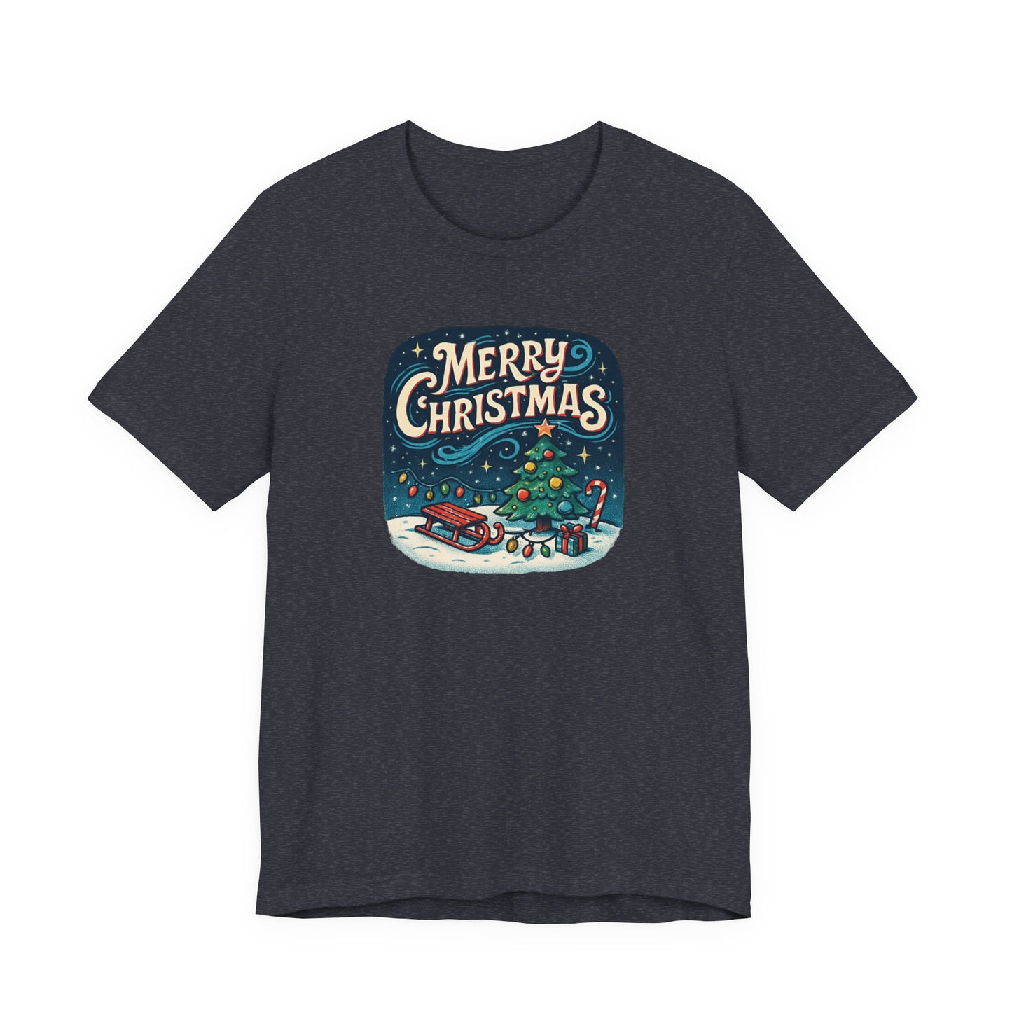 Merry Christmas Tee — Vintage Holiday Tree & Sled Graphic T-Shirt