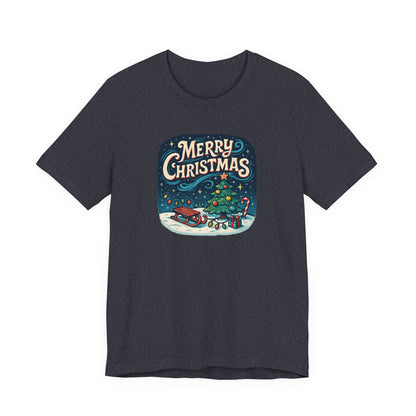 Merry Christmas Tee — Vintage Holiday Tree & Sled Graphic T-Shirt