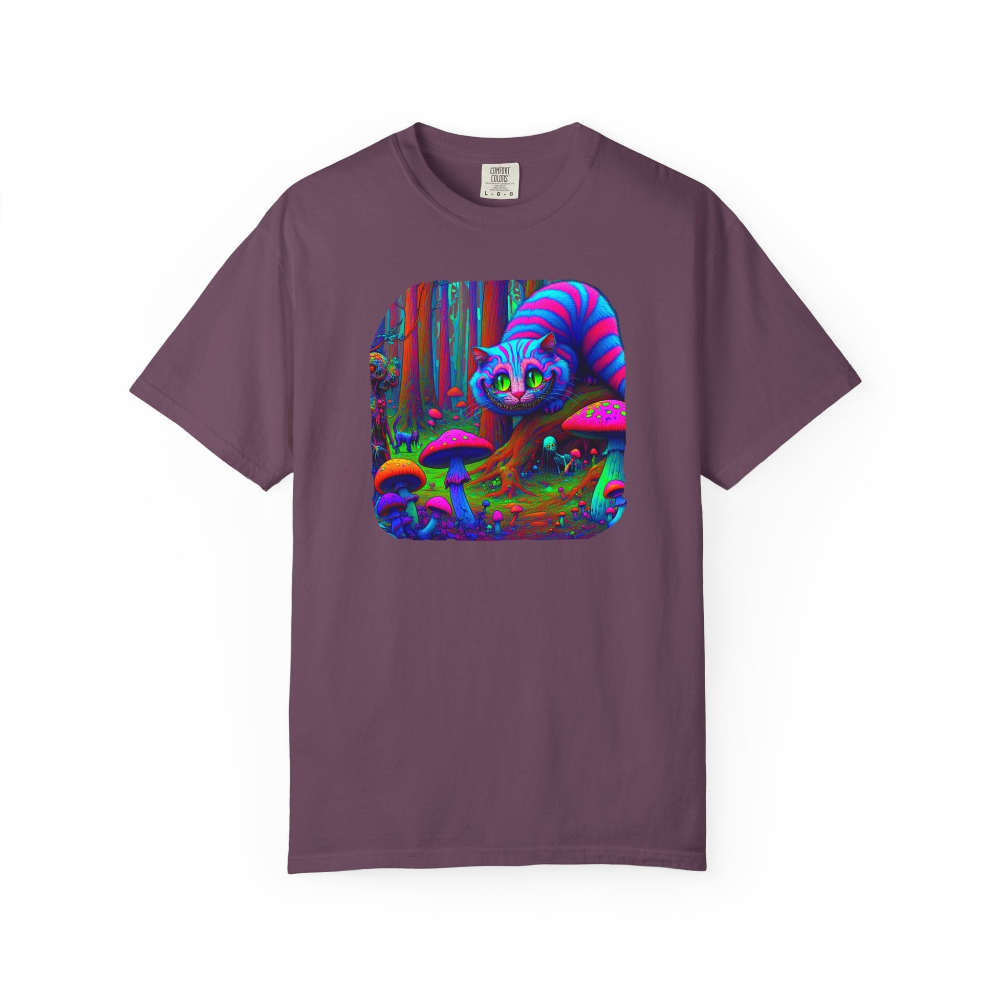 Curious Cat with mushrooms, Unisex Garment-Dyed T-shirt - Psychonaut Swag