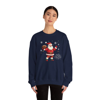 Santa Throwing Football, Christmas Sweatshirt - Jolly Santa with 'Merry Christmas' Graphic