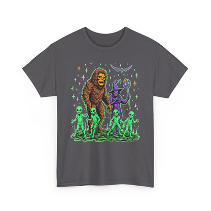 Bigfoot & Aliens Halloween Graphic Tee — Retro Neon Sci‑Fi Cryptid Shirt