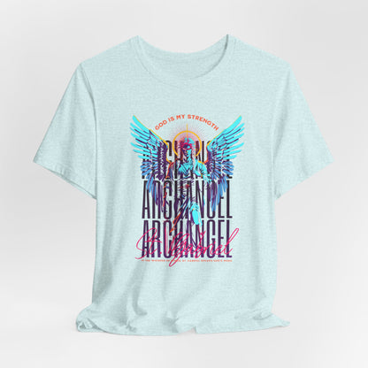 St. Gabriel Angel Tee — "God Is My Strength" Neon Graphic T-Shirt