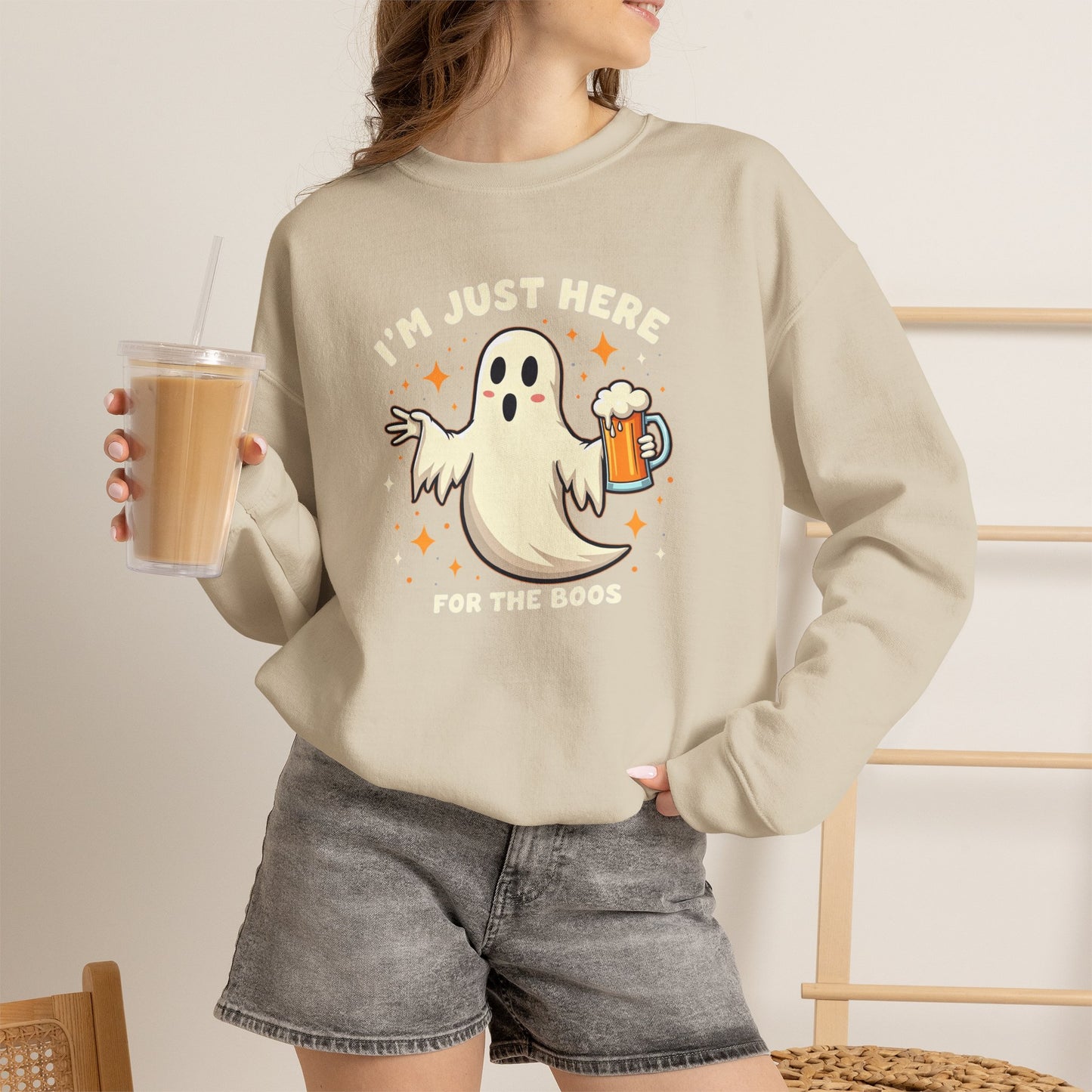 Halloween Ghost Sweatshirt — "I'm Just Here for the Boos" Cozy Crewneck
