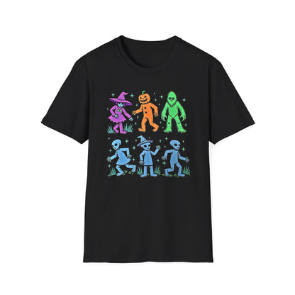 Halloween Monster Dance T-Shirt — Neon Witch, Pumpkin & Yeti Graphic Tee