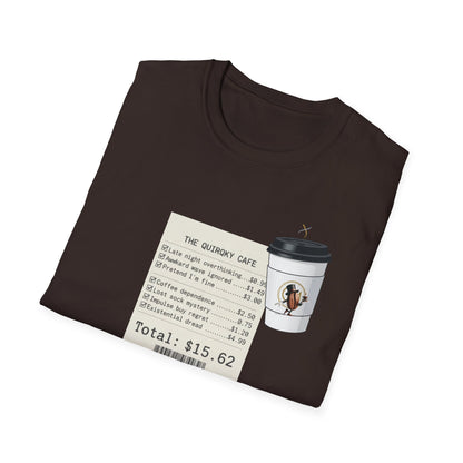 Coffee Receipt T-Shirt — 'The Quirky Cafe' Funny Coffee Order Receipt Tee