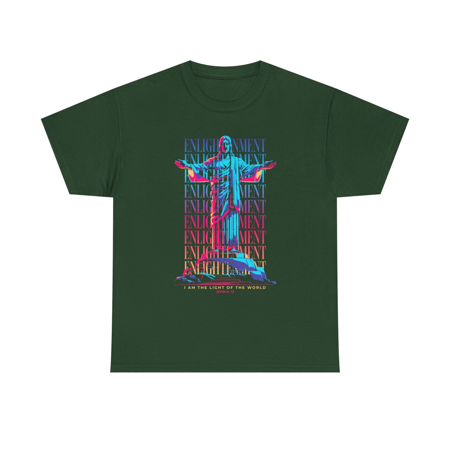 Enlightenment Tee — Neon Statue Graphic T-Shirt ("Entertainment" Text Design)