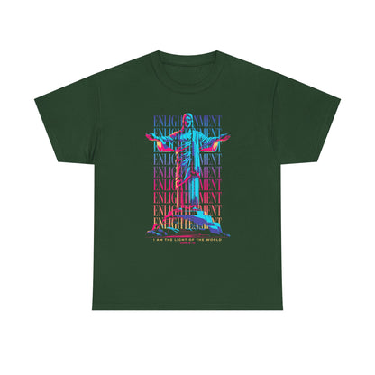Enlightenment Tee — Neon Statue Graphic T-Shirt ("Entertainment" Text Design)