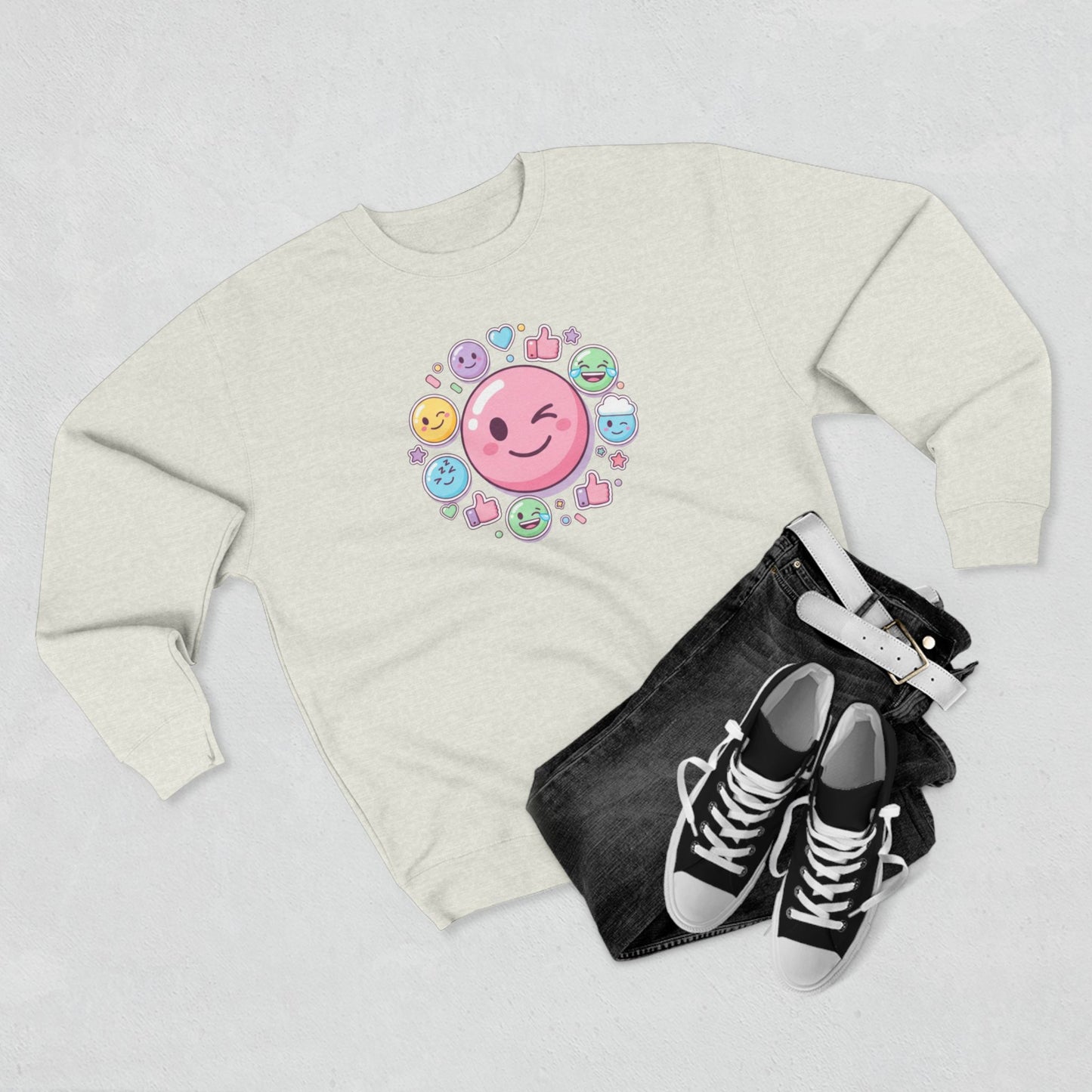 Emoji Smile Crewneck Sweatshirt — Cute Winking Face & Icon Circle Design