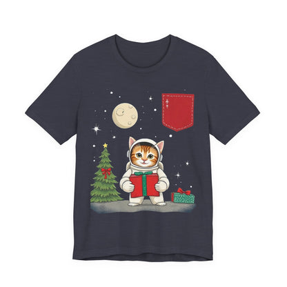 Christmas Cat Faux Pocket — Cute Holiday Cat Holding Gift Night Sky T-Shirt