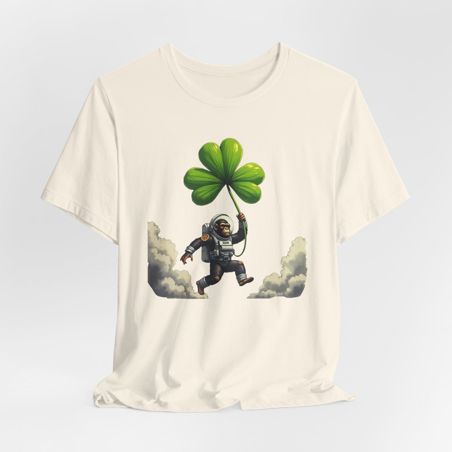 Astronaut Chimp T-Shirt — Floating in Clouds with Shamrock