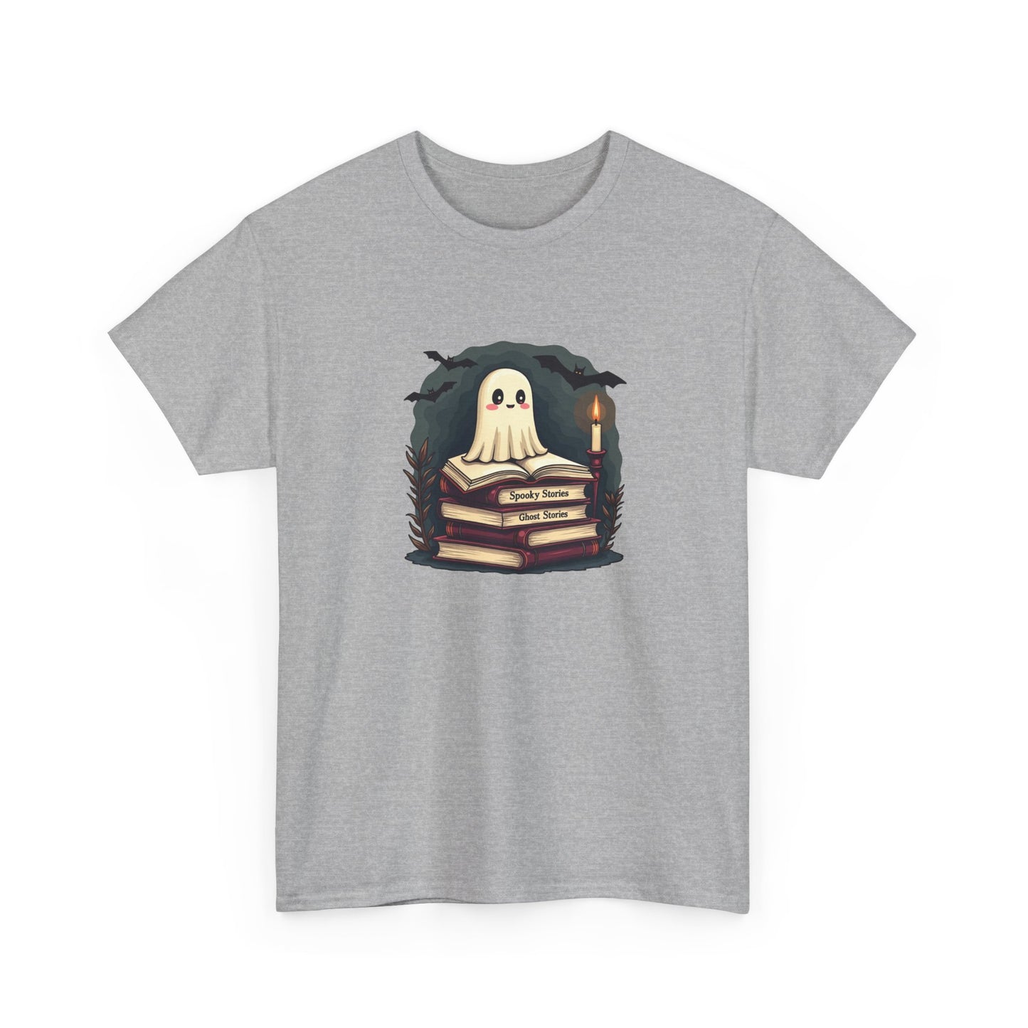 Ghost Reader T-Shirt — Cute Ghost on Stacked Books Halloween Tee