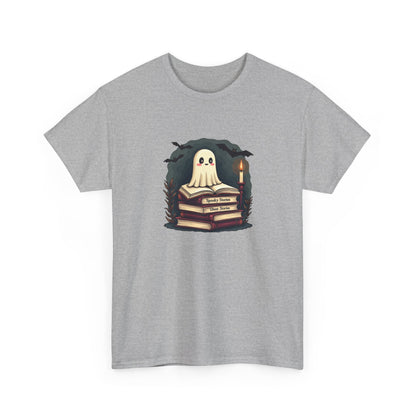 Ghost Reader T-Shirt — Cute Ghost on Stacked Books Halloween Tee