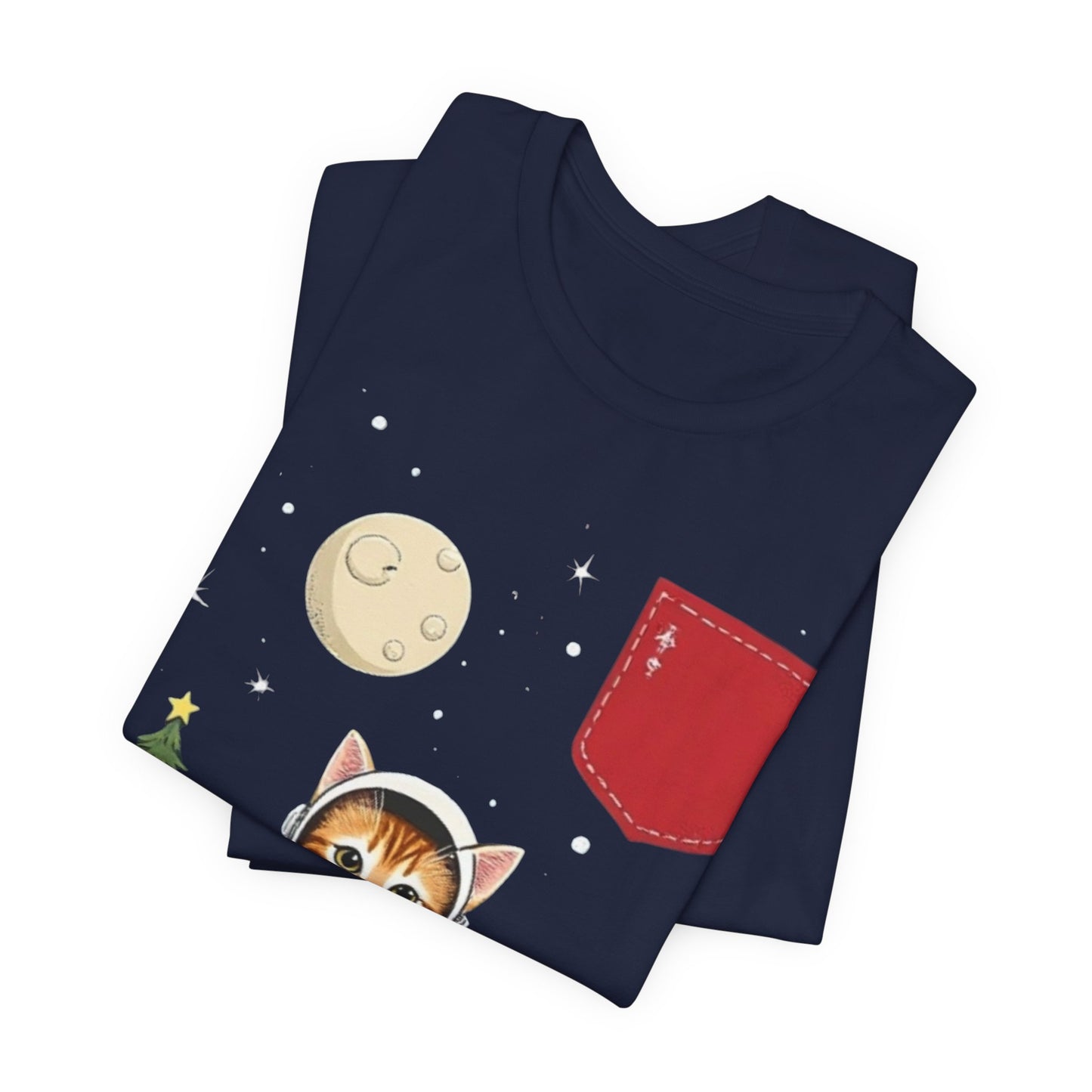 Christmas Cat Faux Pocket — Cute Holiday Cat Holding Gift Night Sky T-Shirt