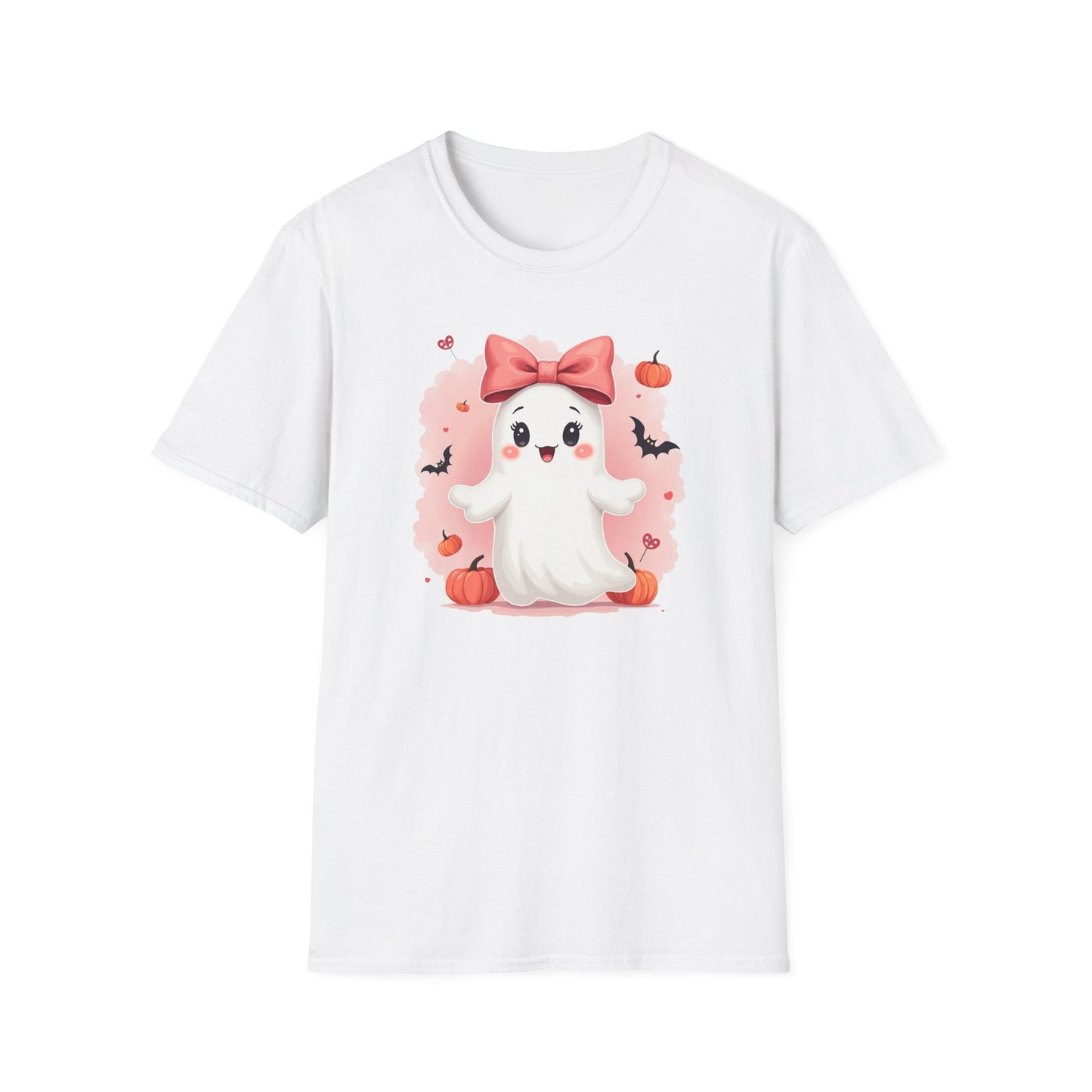 Cute Halloween Ghost T-Shirt — Pink Bow Ghost with Pumpkins & Bats