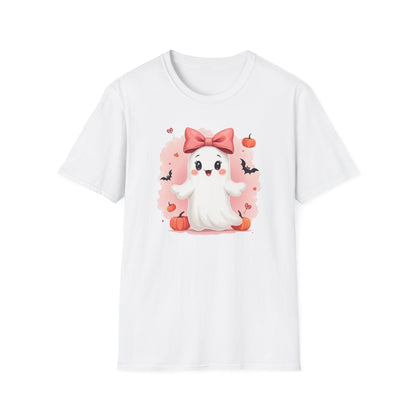 Cute Halloween Ghost T-Shirt — Pink Bow Ghost with Pumpkins & Bats