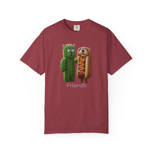 Friends Cactus and Hot Dog, Cartoon T-Shirt, Cute Tee for Kids and Adults, Humorous Gift for Food Lovers, Summer Casual Wear, Birthday Gift