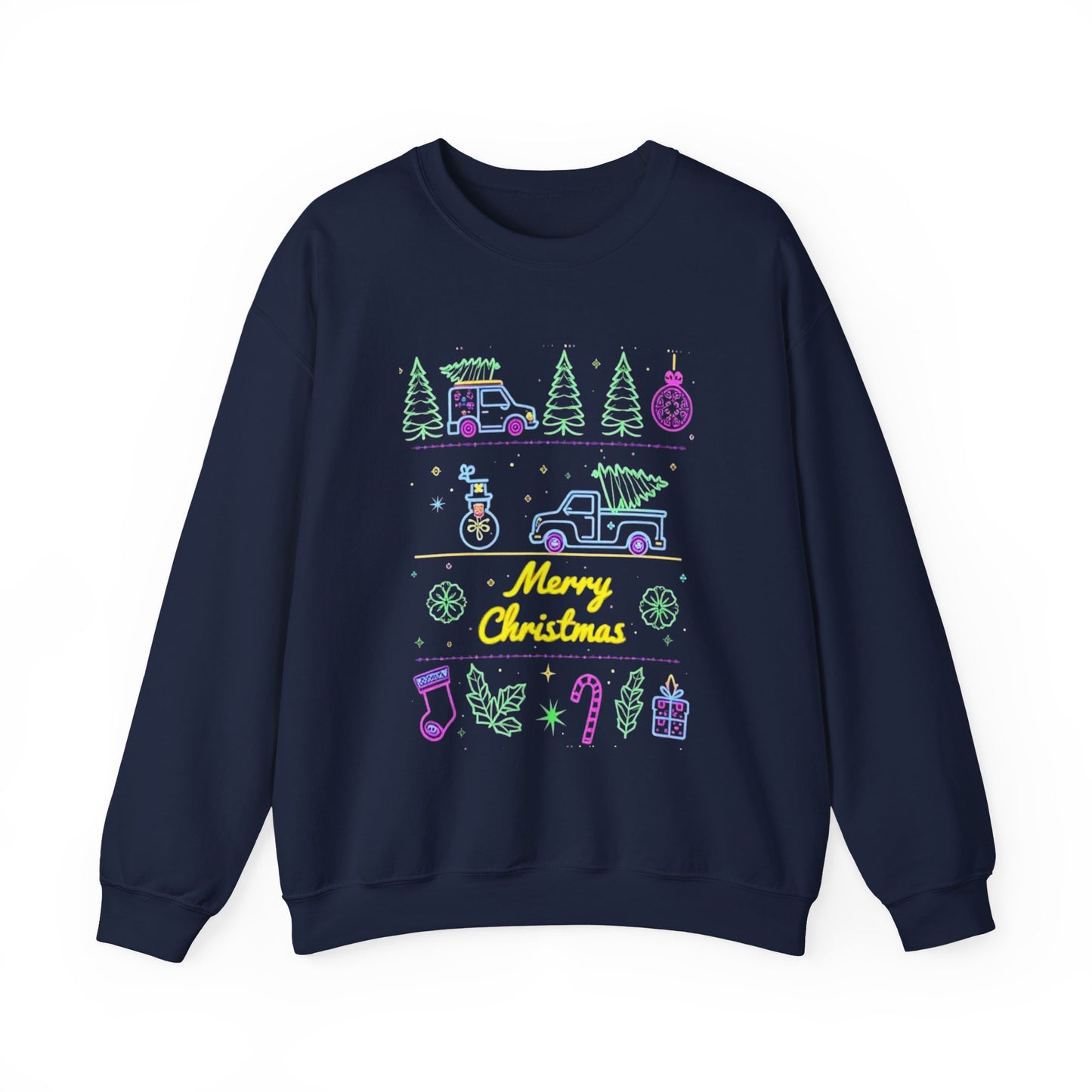 Christmas Crewneck Sweatshirt — Neon Holiday Tree "Merry Christmas" Design